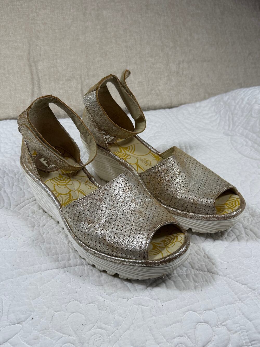 Fly London Women's 7 Gold Wedge Heeled Leather Sandal Comfort Casual Shoes